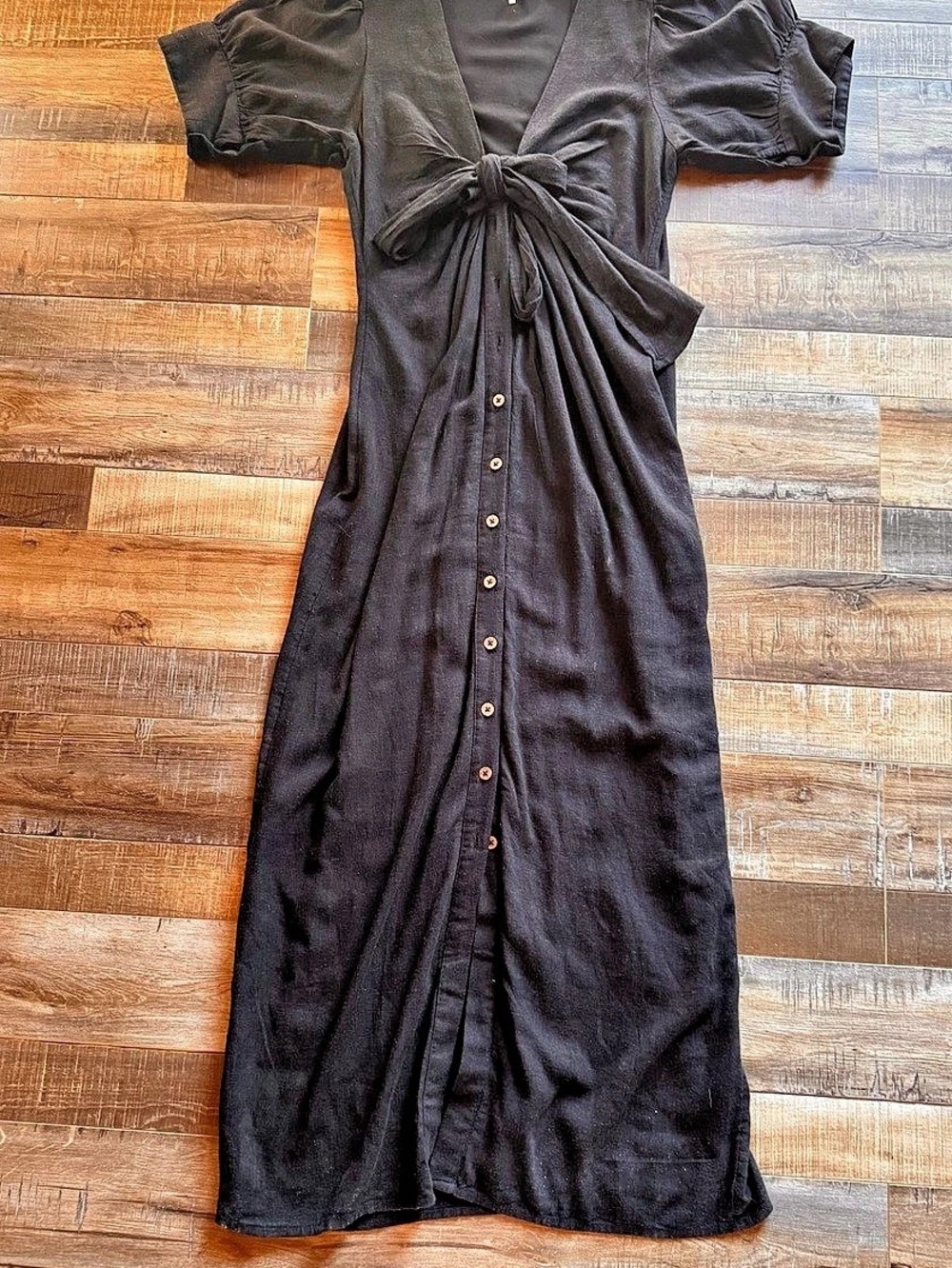 Free People Vintage Summer Midi Dress Black Tie-Front Size Medium